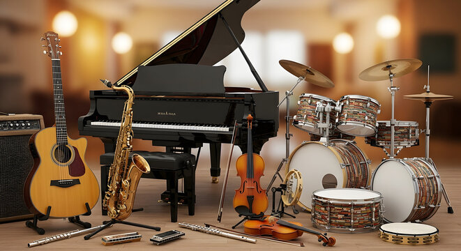 Collection of Musical Instruments Including Grand Piano, Drum Kit, Guitars, Saxophone, and Violin, Setup in a Warmly Lit Studio.