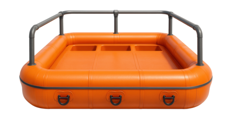 Spacious inflatable rescue platform featuring safety railing and storage areas.