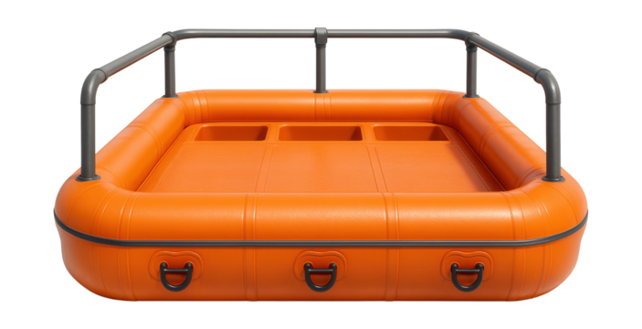 Spacious inflatable rescue platform featuring safety railing and storage areas.