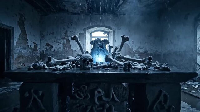 Decaying interior with bones on table and window light conceptual artwork