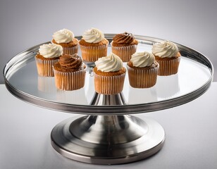 glass top cake stand with a brushed metal rotating base presenting desserts and pastries ideal serving platter for celebrations baking and kitchenware concept