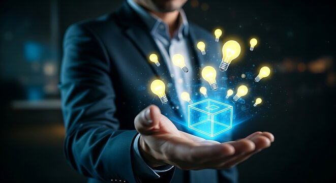 Open innovation concept. A company's holographic "idea box" receives contributions (lightbulbs) from external sources like customers and startups.