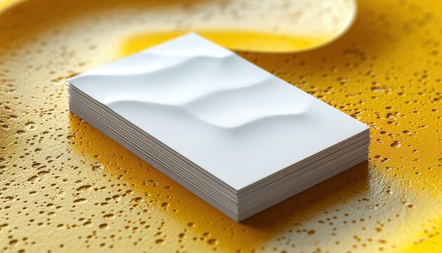 A stack of white paper with a wavy pattern on a yellow textured surface close up shot