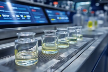 A Collection of Glass Containers Filled with Liquid Compounds in a Scientific Laboratory Setting Displaying Innovative Experiments