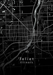 Minimalist black map of Joliet, Illinois – A modern map print highlighting infrastructure of the city, useful for tourism purposes
