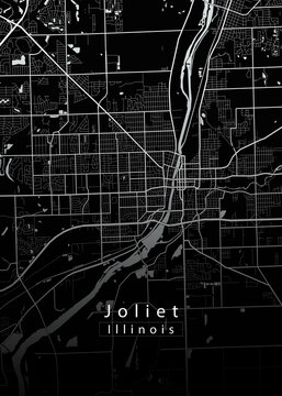 Minimalist black map of Joliet, Illinois &ndash; A modern map print highlighting infrastructure of the city, useful for tourism purposes
