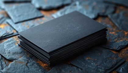 Stack of dark business cards on a slate surface with a blurred background effect