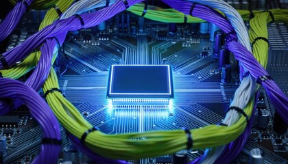 Close-up of a glowing blue computer chip surrounded by colorful wires.