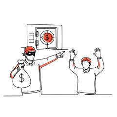 Obraz premium Bank robbery illustrated with single line art, showing thief pointing a gun and hostage with raised hands in fear. Bank robbery crime scene demonstrates danger and intimidation.