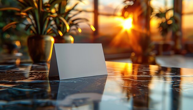 A blank white card on a reflective surface with plants and sunset in the background