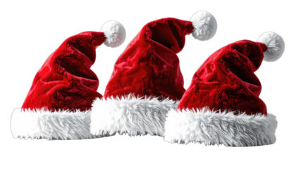 Three red Santa hats with white trim and pom-poms on a black background.