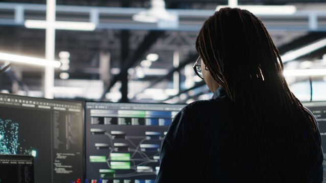 Data center system administrator using node tree software to analyze datasets. Server room IT professional using visual programming tools to improve infrastructure performance, camera B