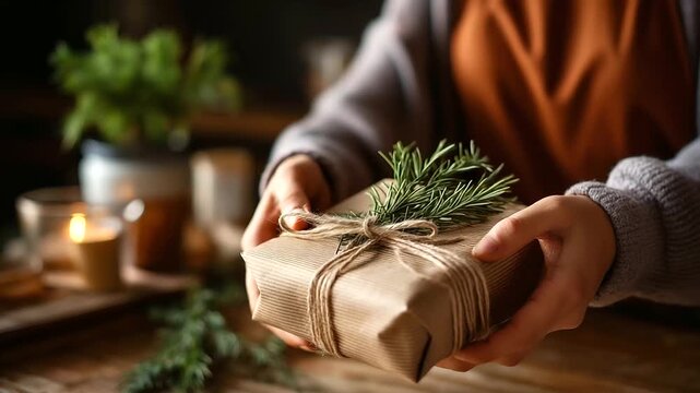Hands wrapping present in eco friendly kraft paper with natural twine face obscured by work sustainable gift wrap zero waste Christmas environmentally friendly packaging green
