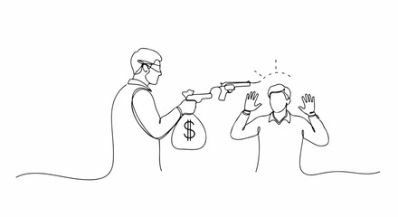 Obraz premium Crime scene with money bag and bank robbery using firearm and robbery. Concept bank robbery shows criminal aiming a gun, with money bag in hand and bank robbery. Concept crime.