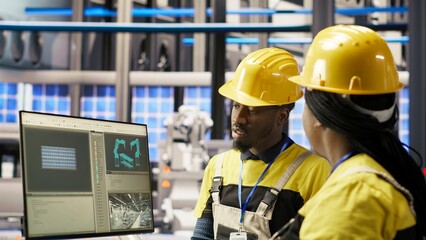 Manager supervising technician in industrial plant using PC software to diagnose malfunctions. Factory team leader working with coworker to coordinate repair tasks on assembly lines, camera B