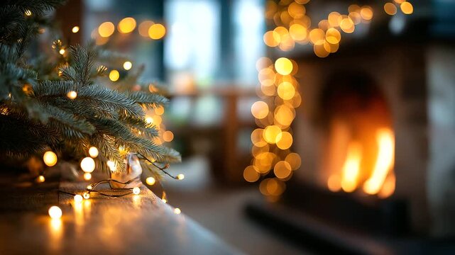 Christmas tree near fireplace with bokeh lights no people visible holiday interior background festive scene cozy atmosphere magical lighting effect winter celebration