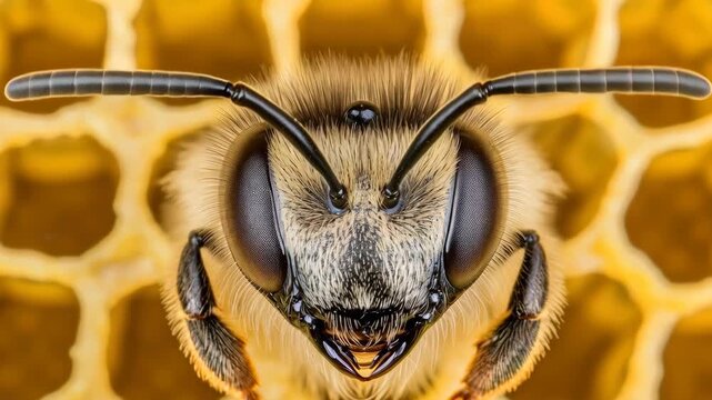 Macro Bee Close-up: The intricate details of a bee's face are revealed, set against the backdrop of a honey comb cell, capturing its unique textures.