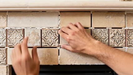 Closeup of hands arranging decorative tiles on a fireplace surround highlighting detailed revamping techniques for home heating structures.