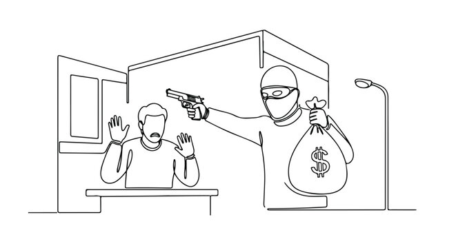 Bank robbery in line drawing style shows masked thief robbing scared clerk, Bank robbery scene depicts crime and violence. Bank robbery illustration for social issues or crime awareness campaigns.