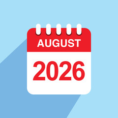 August 2026 Calendar Page Icon – Flat Vector Design of Monthly Date Planner with Long Shadow