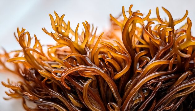 macro view of fucus seaweed golden brown marine algae with undulating texture organic plant rich in vitamins minerals thrives in saltwater serves as healthy edible ingredient for gourmet