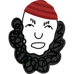 A stylized illustration of a person's face with a red striped cap and a dark ruffled collar on a transparent background, conveying a whimsical or historical character representation