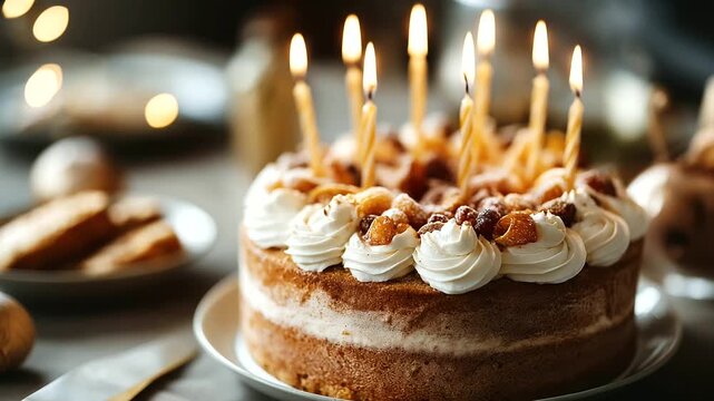 Overhead view of birthday cake with candles ready to blow no faces visible celebration dessert flatlay party cake birthday tradition festive sweets candle lighting top view