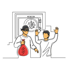 Obraz premium Bank robbery scene depicting thief robbing bank with money bag and hostage. Bank robbery includes danger, conflict, and suspense, as thief threatens hostage in front of bank vault.