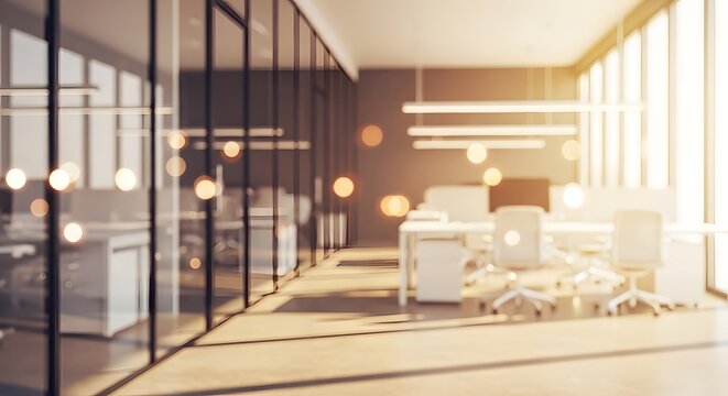 Modern open office space bathed in sunlight evokes productivity and innovation, perfect for startup or tech company branding and professional designs