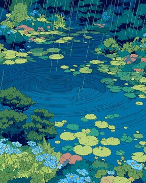 Gentle stormlight over tranquil water where lotus leaves sway under the rhythm of rain