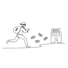 Bank robbery unfolds with robber fleeing with a money bag, capturing scene of crime. Continuous line shows robber, money, and bank building for bank robbery concept.