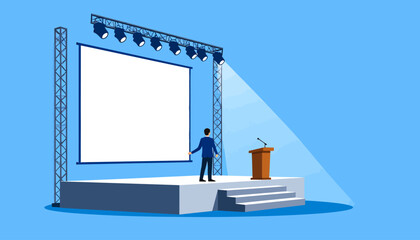 Speaker on Stage with Blank Presentation Screen and Podium for Public Speaking Event