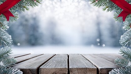 light grey driftwood plank platform edged with icy evergreen boughs and red velvet ribbon muted snowy woodland background with subtle bokeh central negative space for message