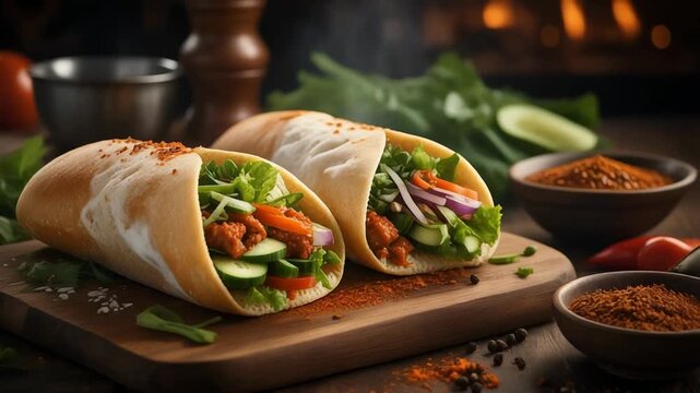 Delicious shawarma wraps with fresh vegetables on wooden board