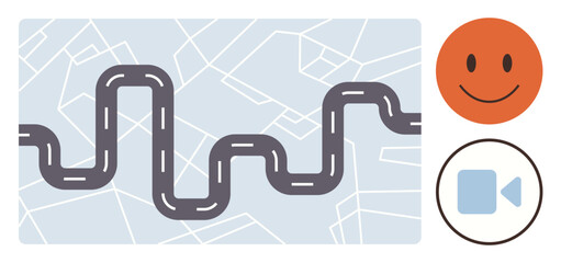 Curved road on map layout, orange happy and blue video icons symbolizing navigation, emotions, and multimedia. Ideal for journey, maps, travel, connection, positivity technology communication