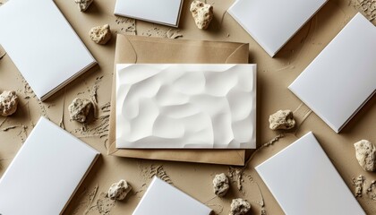 Flat lay of white cards envelope and textured card surrounded by small rocks on tan