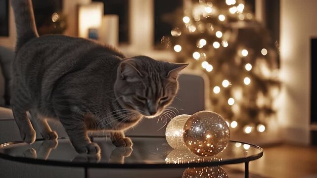 Modern New Year's Eve interior with minimalist decor and monogrammed glass table