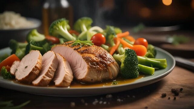 Delicious sliced meat with vegetables on a plate for healthy eating