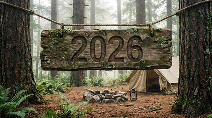 Rustic 2026 sign hangs above campsite, capturing the spirit of outdoor adventure
