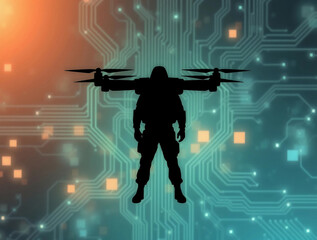 A silhouette of a person stands with a drone equipped on their back. The background is filled with electronic patterns, suggesting a futuristic theme. This scene emphasizes technology and innovation