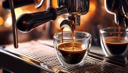 a close up shot of a barista making espresso with rich coffee streaming from a professional espresso machine into a clear glass cup