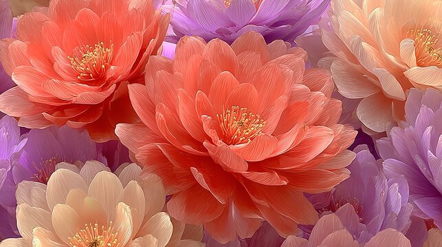 a close-up view of several large, vibrant flowers in varying shades of pink and purple - Powered by Adobe