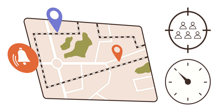Map with location pins, user targeting icon, clock, and alert notification. Ideal for navigation, planning, tracking, scheduling user engagement geolocation and time-sensitive tasks. Simple flat
