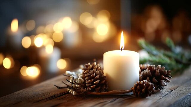 Close up of white candle with natural Christmas decorations on rustic wood no people visible advent candle holiday tradition natural elements rustic Christmas pine cones and