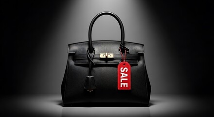 Black leather handbag with red sale tag and gold hardware on a dark background black handbag leather bag