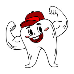 Hand-drawn illustration of strong muscular tooth power and health. Fun and educational design representing a healthy tooth with muscles, ideal for children’s dental education