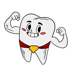 Hand-drawn illustration of strong muscular tooth power and health. Fun and educational design representing a healthy tooth with muscles, ideal for children&rsquo;s dental education