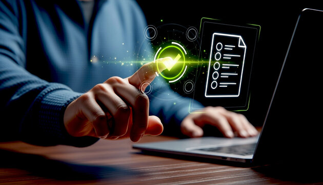 Digital Transformation Hands on Laptop Virtual Checkmark Success Data E commerce Information Technology and Modern