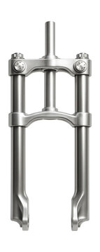 Dual crown fork featuring adjustable preload knobs and a sleek silver finish.