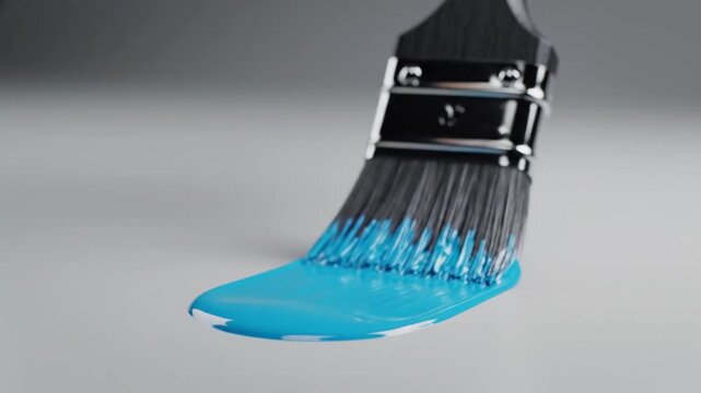 A close-up shot of a paintbrush dripping with vibrant blue paint against a soft gray backdrop
